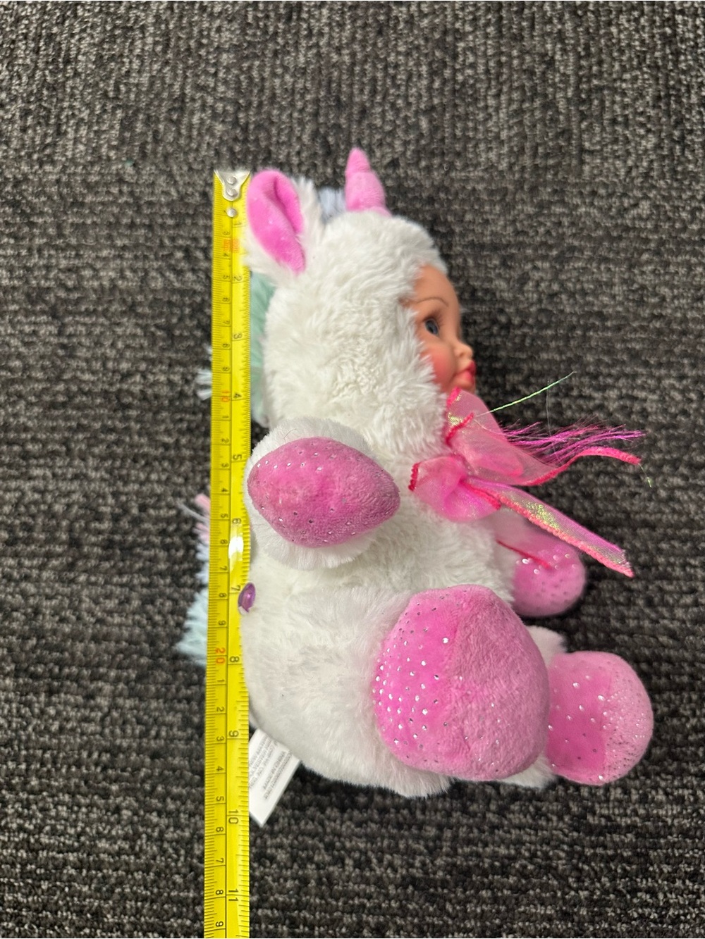 Megatoys Unicorn Baby Doll 10in Plush Soft Body Blue Eyes White Pink Hood - Picture 7 of 7